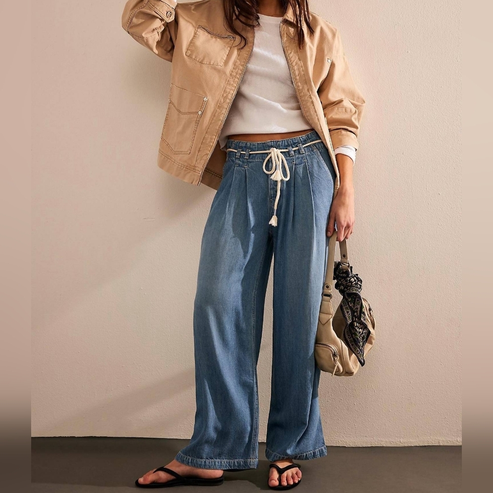 Wide Leg Drawstring Blue Women Jeans